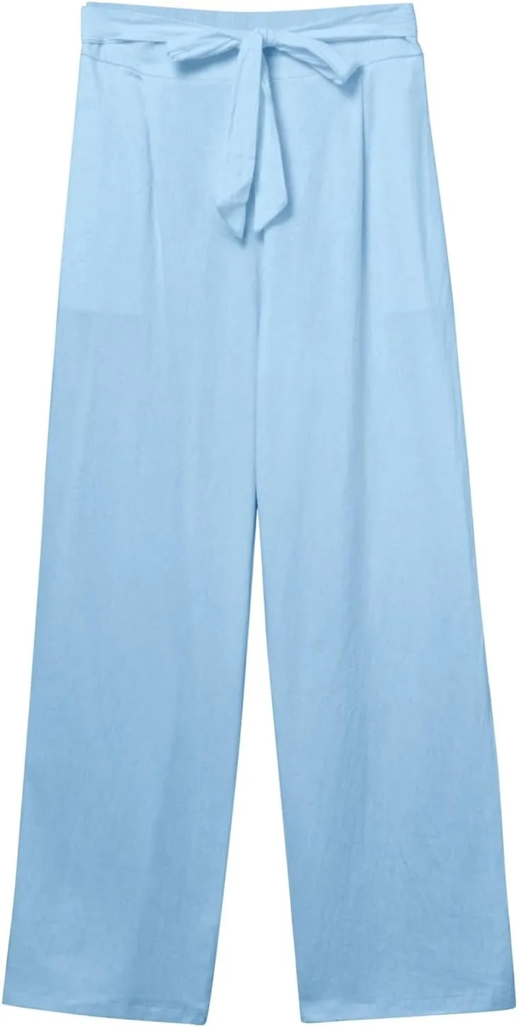 Womens Linen Summer Flowy Pants Elastic Waist Lounge Pants Slim Fit Trouser Travel