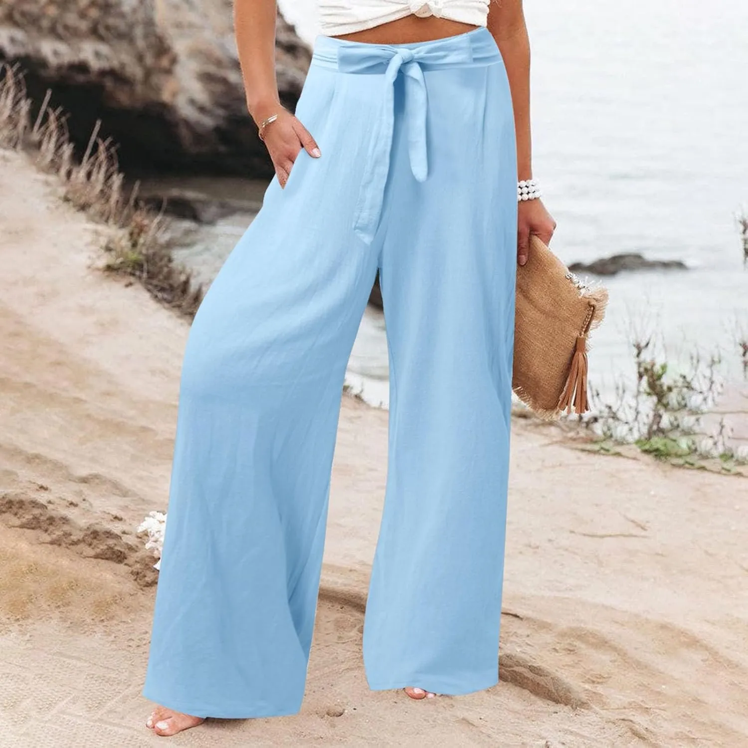Womens Linen Summer Flowy Pants Elastic Waist Lounge Pants Slim Fit Trouser Travel