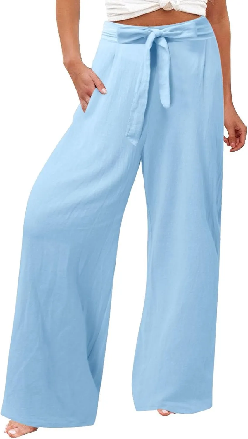Womens Linen Summer Flowy Pants Elastic Waist Lounge Pants Slim Fit Trouser Travel