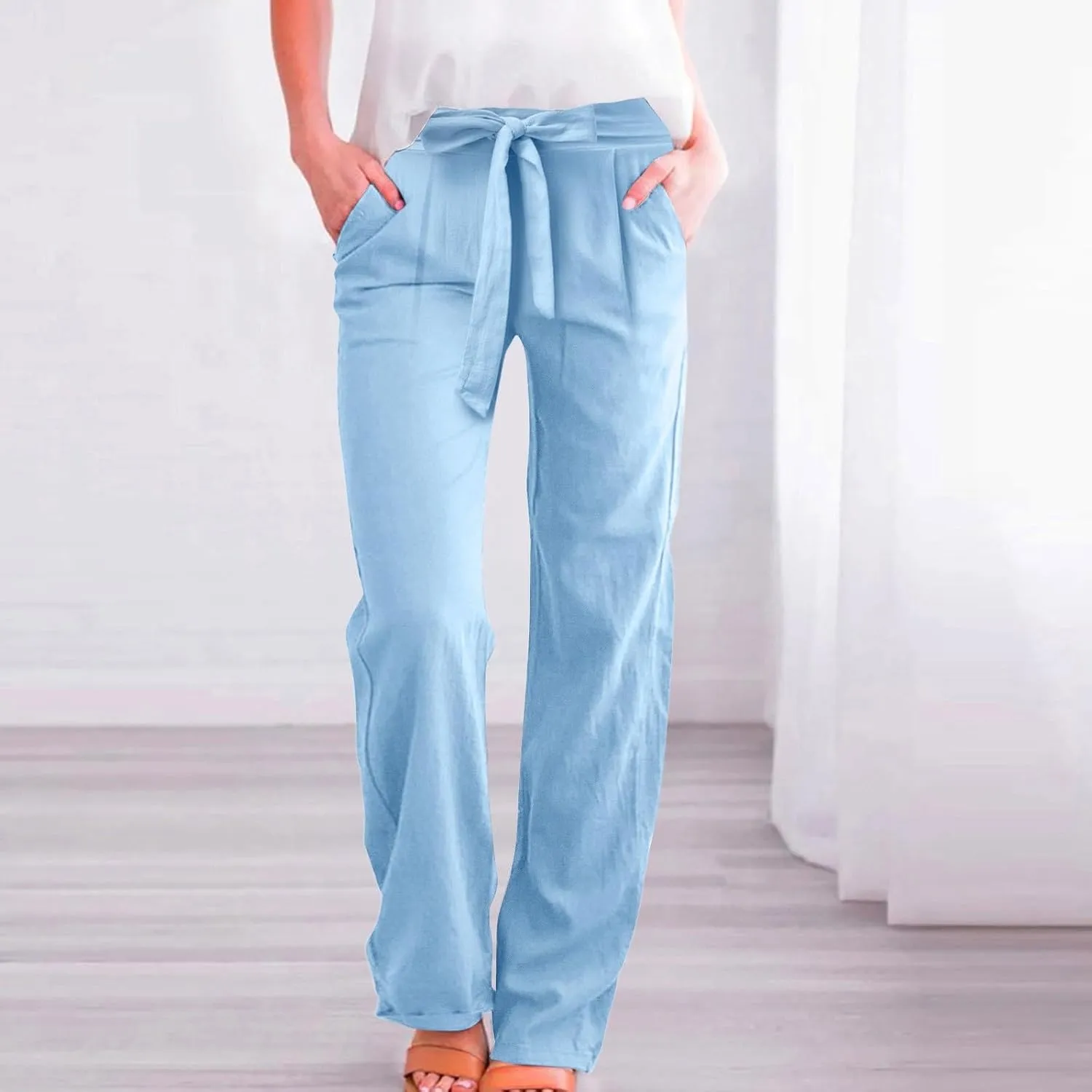 Womens Linen Summer Flowy Pants Elastic Waist Lounge Pants Slim Fit Trouser Travel