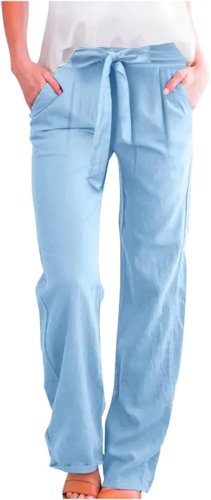 Womens Linen Summer Flowy Pants Elastic Waist Lounge Pants Slim Fit Trouser Travel