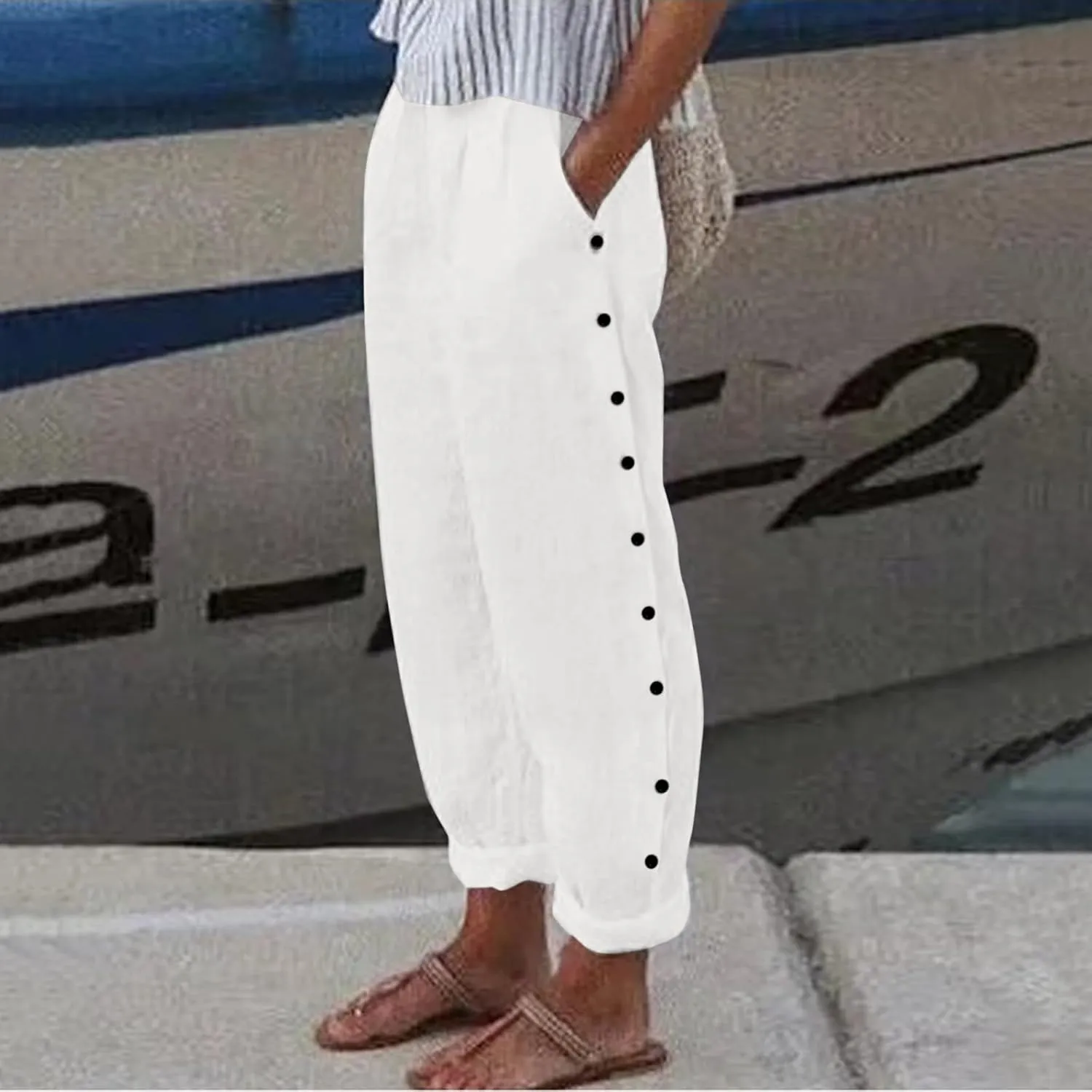 Women's Linen Summer Letter Patched Palazzo Pants High Waist Wide Leg Loose Fit Palazzo Lounge Pants Vacation