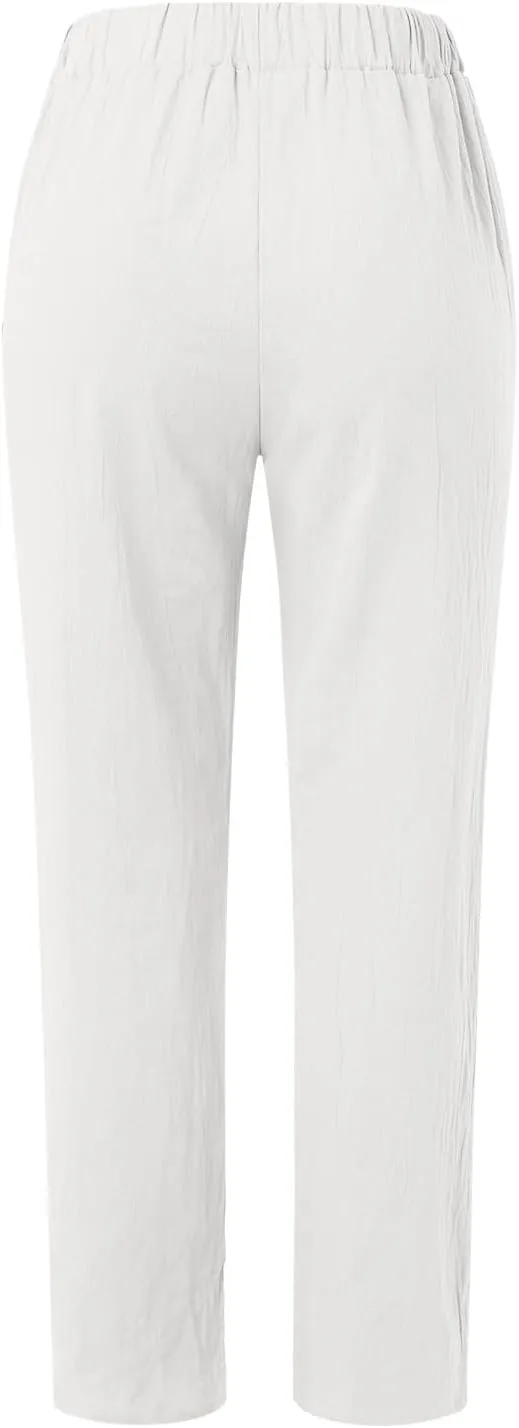 Women's Linen Summer Letter Patched Palazzo Pants High Waist Wide Leg Loose Fit Palazzo Lounge Pants Vacation
