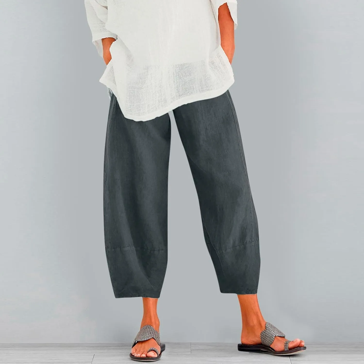 Womens Linen Summer Palazzo Palazzo Pants Elastic Waisted Lounge Pants Plus Size Pant Trousers Office