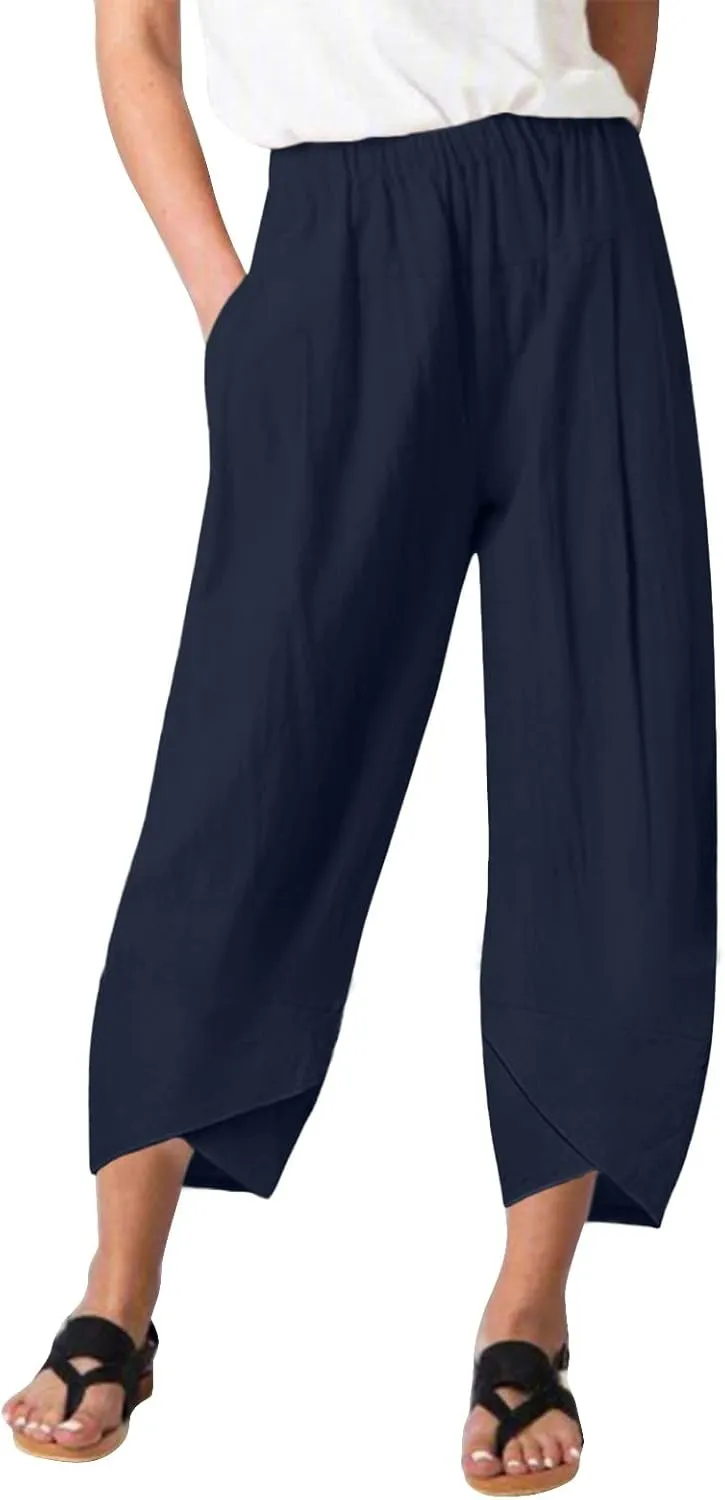 Women's Linen Summer Printed Palazzo Pants Elastic Waisted Wide Leg Slim Fit Pant Trousers Business Work