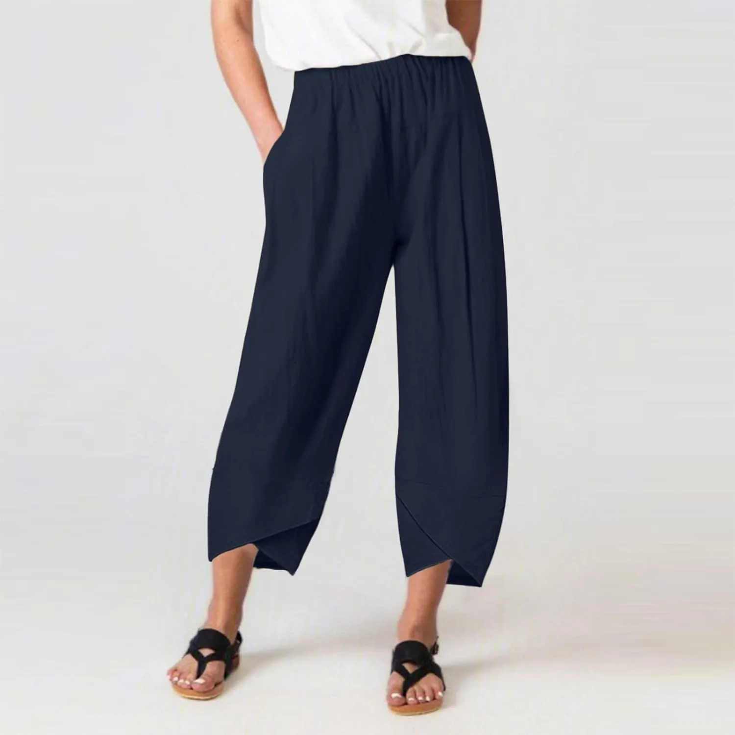 Women's Linen Summer Printed Palazzo Pants Elastic Waisted Wide Leg Slim Fit Pant Trousers Business Work