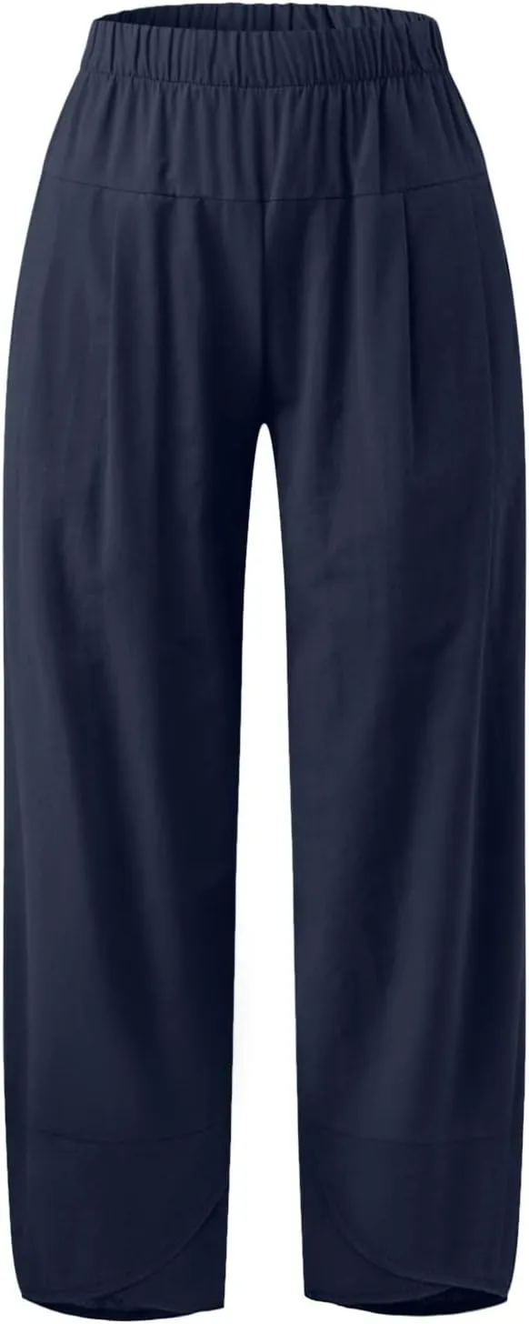 Women's Linen Summer Printed Palazzo Pants Elastic Waisted Wide Leg Slim Fit Pant Trousers Business Work