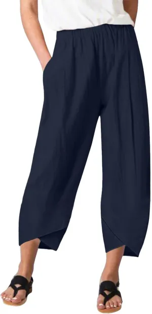 Women's Linen Summer Printed Palazzo Pants Elastic Waisted Wide Leg Slim Fit Pant Trousers Business Work