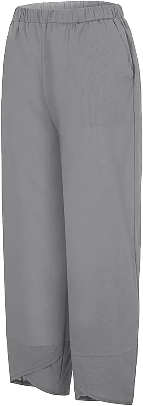Women's Linen Summer Printed Pant Trousers Low Waist Wide Leg Plus Size Palazzo Pants Travel