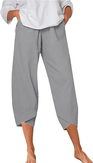 Women's Linen Summer Printed Pant Trousers Low Waist Wide Leg Plus Size Palazzo Pants Travel