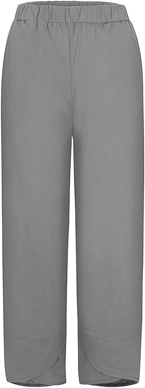 Women's Linen Summer Printed Pant Trousers Low Waist Wide Leg Plus Size Palazzo Pants Travel