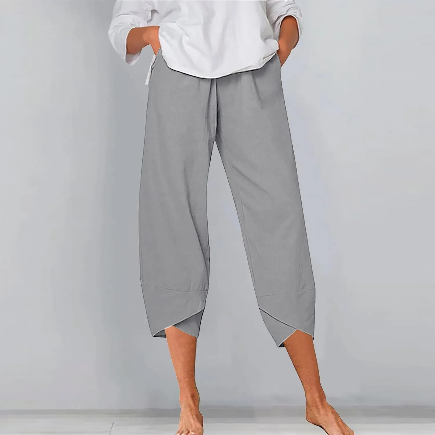 Women's Linen Summer Printed Pant Trousers Low Waist Wide Leg Plus Size Palazzo Pants Travel