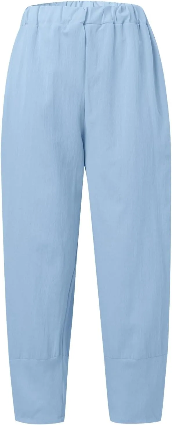 Women's Linen Summer Solid Palazzo Lounge Pants Low Waist Wide Leg Plus Size Trousers Travel