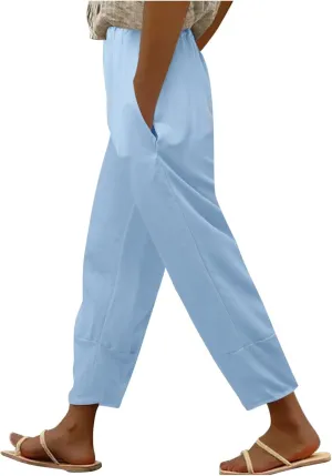 Women's Linen Summer Solid Palazzo Lounge Pants Low Waist Wide Leg Plus Size Trousers Travel