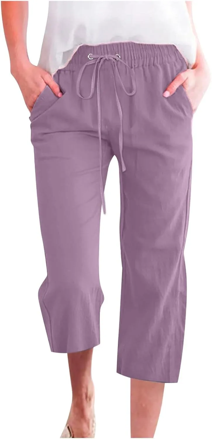 Women's Linen Summer Solid Palazzo Pants Elastic Waist Wide Leg Loose Fit Trouser Office