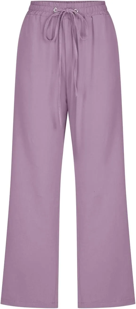 Women's Linen Summer Solid Palazzo Pants Elastic Waist Wide Leg Loose Fit Trouser Office
