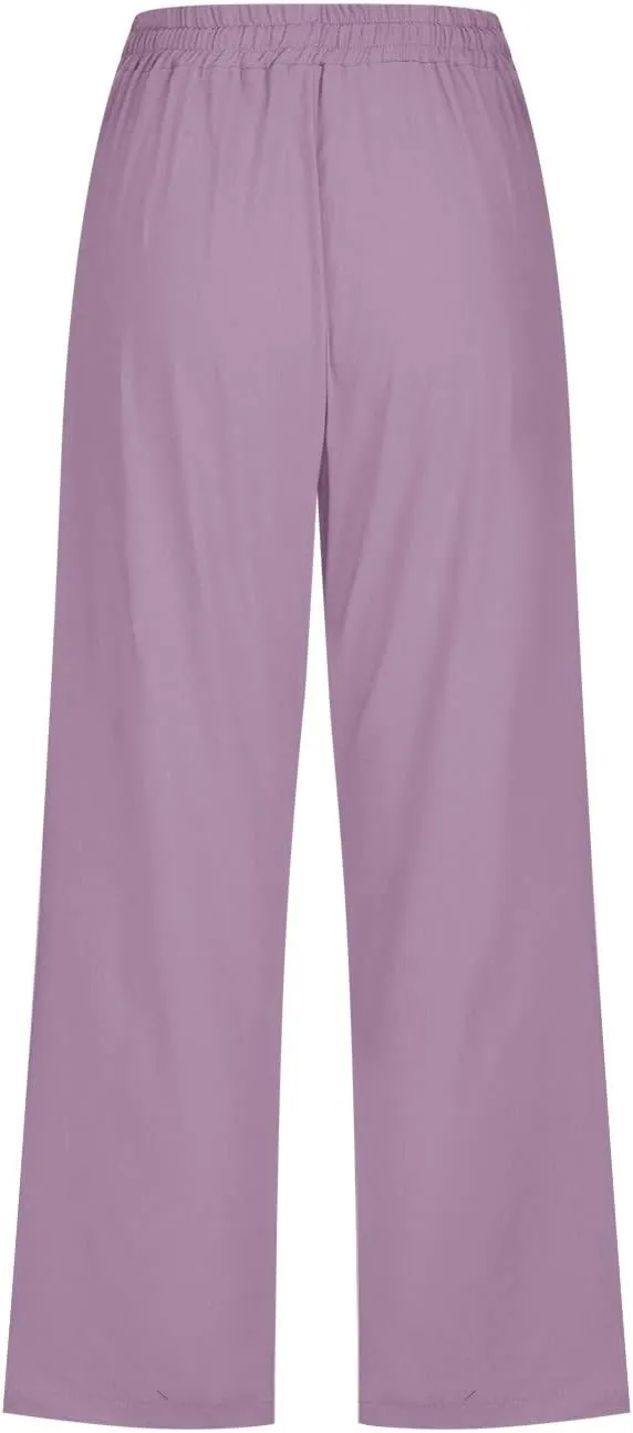 Women's Linen Summer Solid Palazzo Pants Elastic Waist Wide Leg Loose Fit Trouser Office