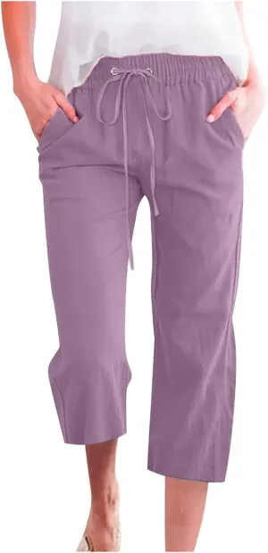 Women's Linen Summer Solid Palazzo Pants Elastic Waist Wide Leg Loose Fit Trouser Office