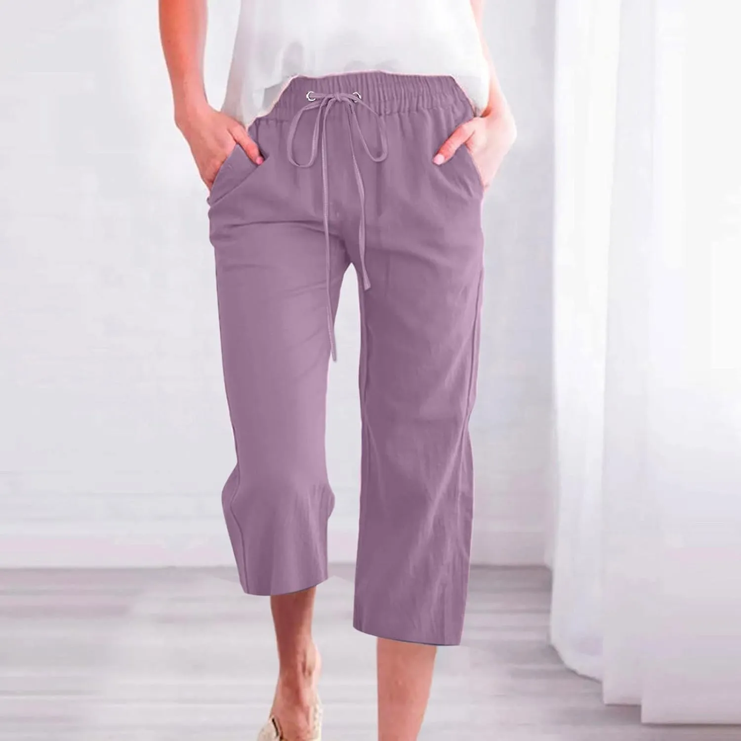 Women's Linen Summer Solid Palazzo Pants Elastic Waist Wide Leg Loose Fit Trouser Office