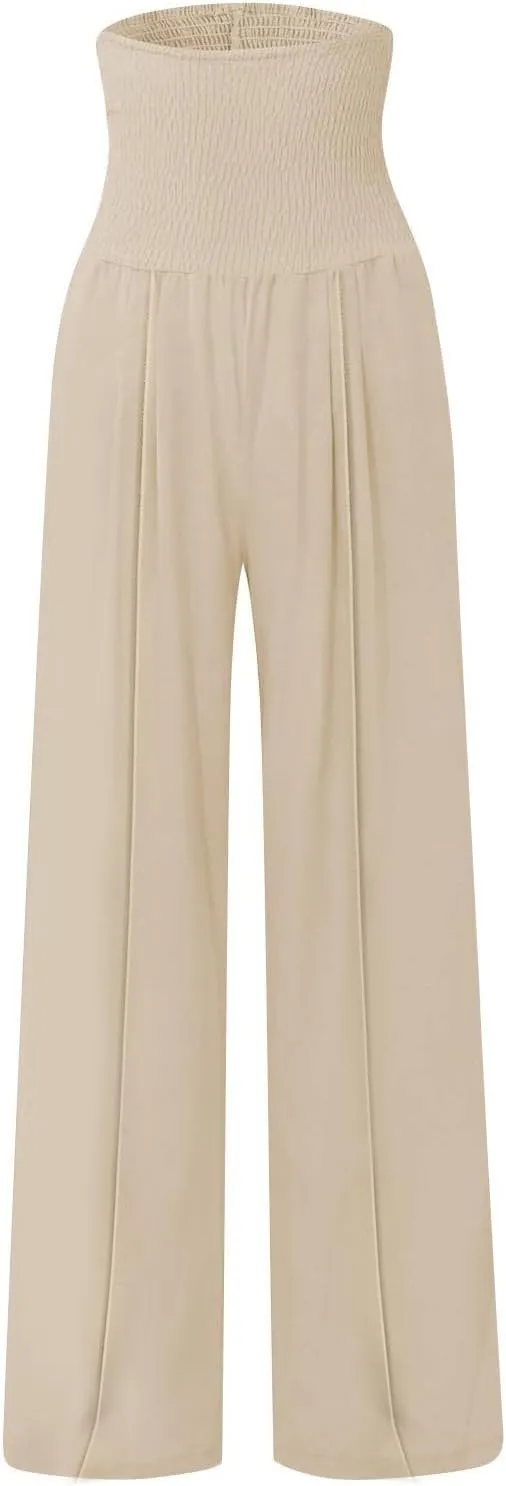 Womens Linen Summer Split Flowy Palazzo Lounge Pants Elastic Waisted Baggy Stretchy Loose Fit Palazzo Pants