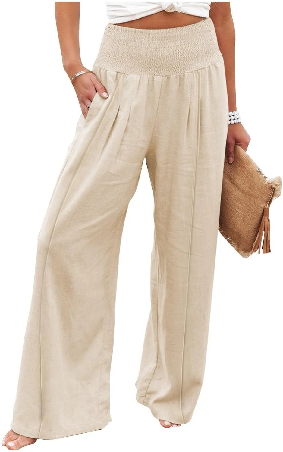 Womens Linen Summer Split Flowy Palazzo Lounge Pants Elastic Waisted Baggy Stretchy Loose Fit Palazzo Pants