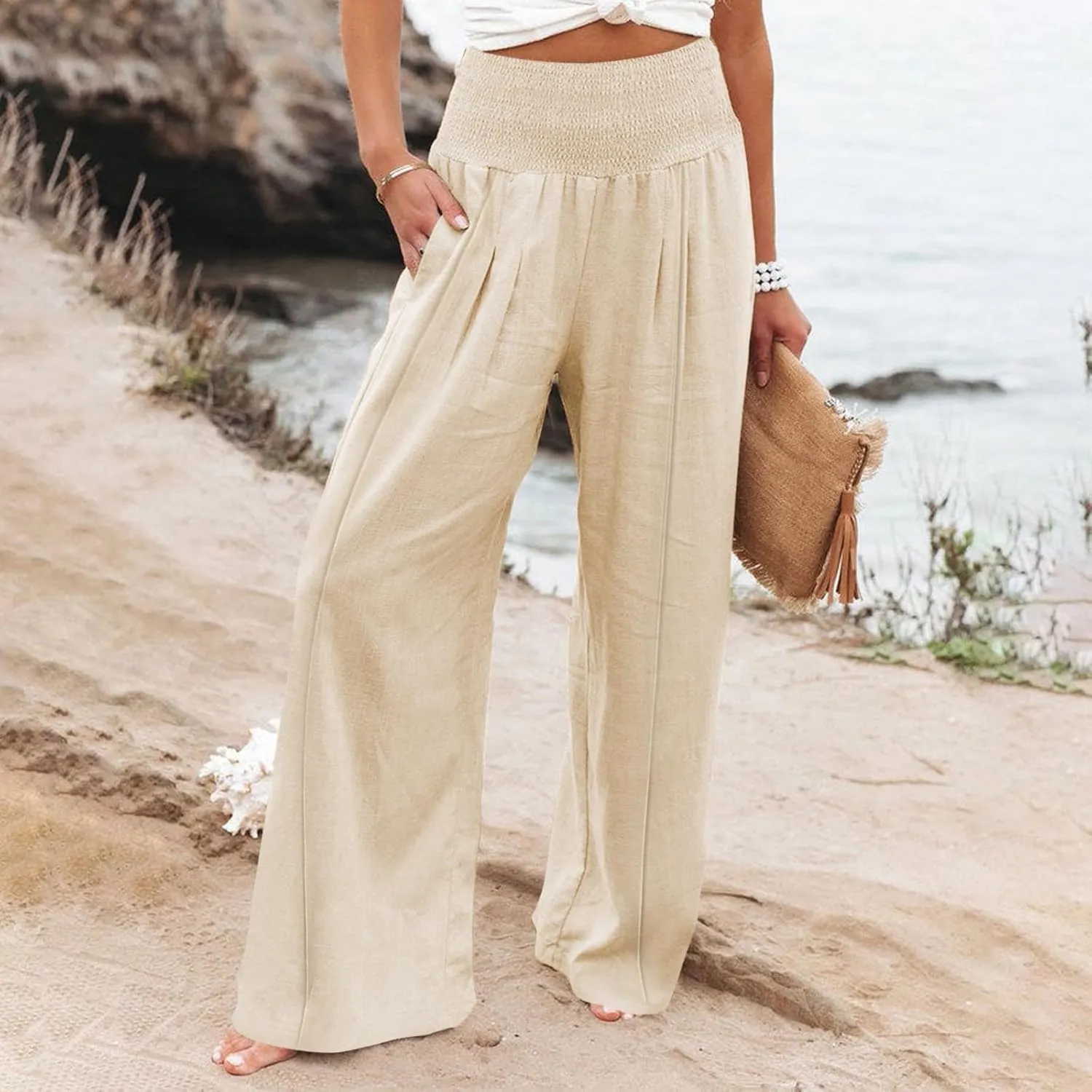Womens Linen Summer Split Flowy Palazzo Lounge Pants Elastic Waisted Baggy Stretchy Loose Fit Palazzo Pants