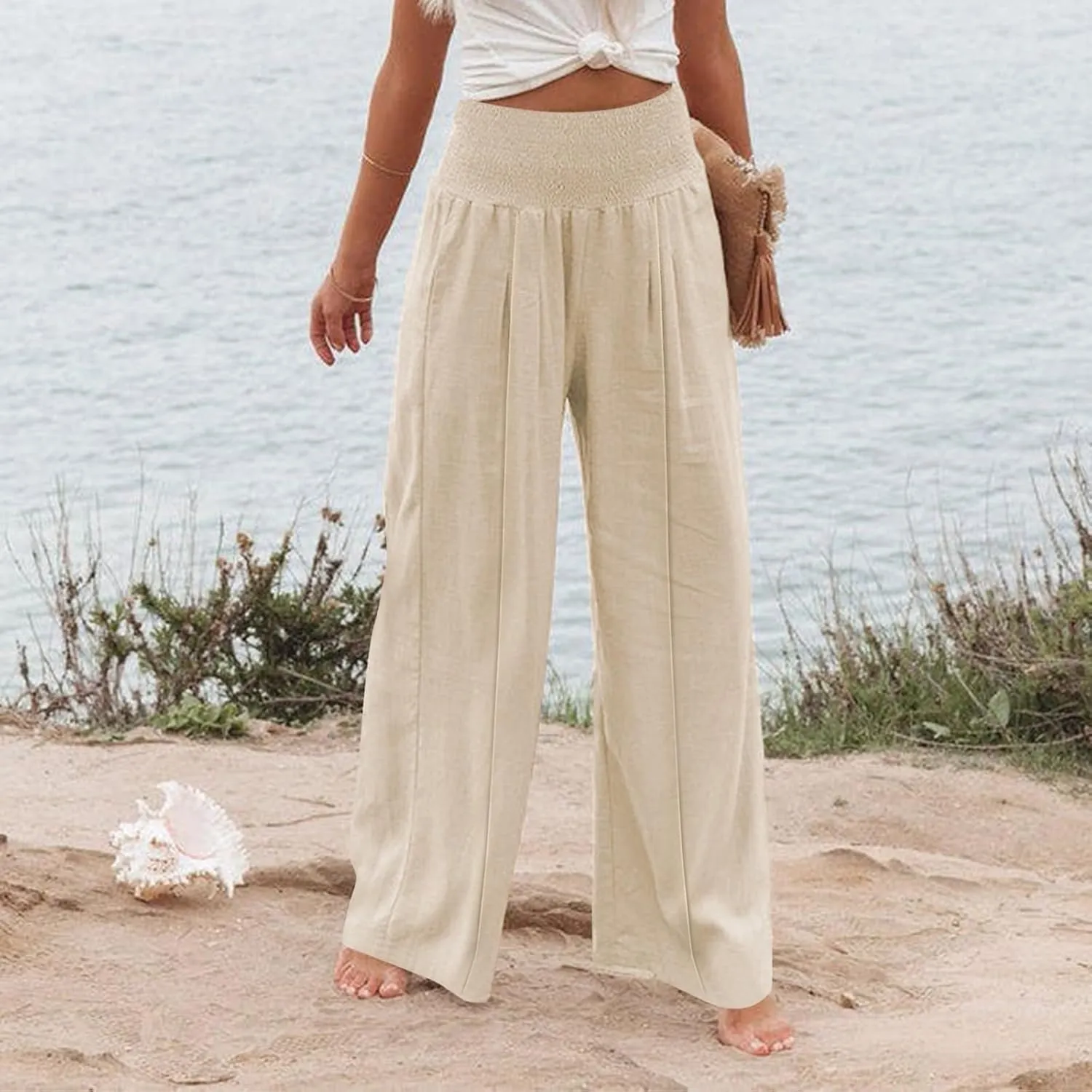 Womens Linen Summer Split Flowy Palazzo Lounge Pants Elastic Waisted Baggy Stretchy Loose Fit Palazzo Pants