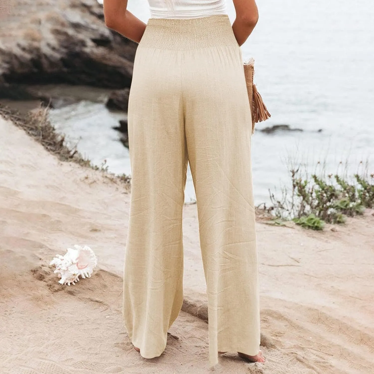 Womens Linen Summer Split Flowy Palazzo Lounge Pants Elastic Waisted Baggy Stretchy Loose Fit Palazzo Pants