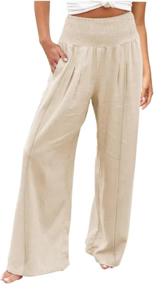 Womens Linen Summer Split Flowy Palazzo Lounge Pants Elastic Waisted Baggy Stretchy Loose Fit Palazzo Pants