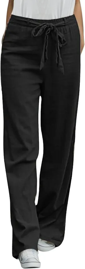 Women's Linen Summer Split Flowy Palazzo Pants Elastic Waist Long Lounge Slim-Fit Palazzo Pants Vacation
