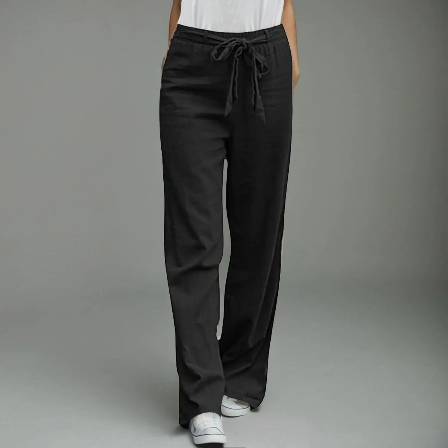 Women's Linen Summer Split Flowy Palazzo Pants Elastic Waist Long Lounge Slim-Fit Palazzo Pants Vacation