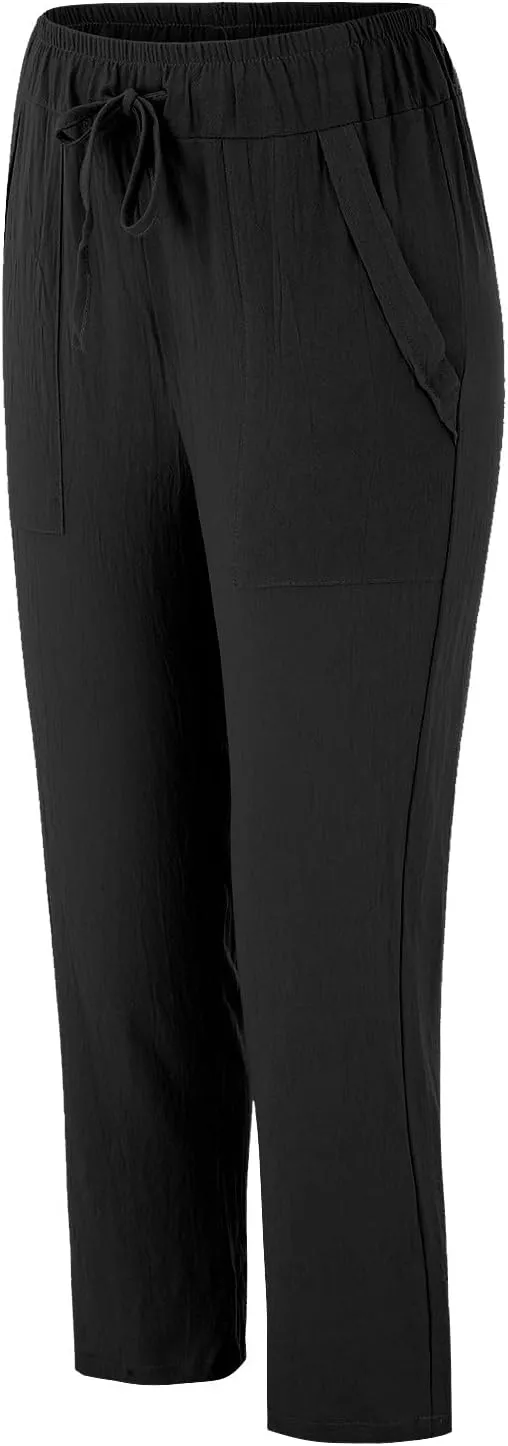 Womens Linen Summer Striped Palazzo Lounge Pants Low Waist Straight Loose Fit Trouser Trendy