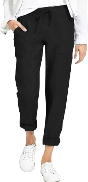 Womens Linen Summer Striped Palazzo Lounge Pants Low Waist Straight Loose Fit Trouser Trendy