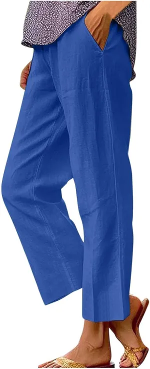 Women's Linen Summer Tie Knot Palazzo Lounge Pants High Waist Ankle Length Slim Fit Pant Trousers Office