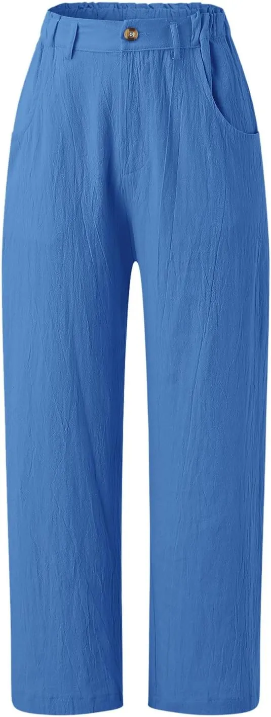 Women's Linen Summer Tie Knot Palazzo Lounge Pants High Waist Long Lounge Plus Size Palazzo Pants Office