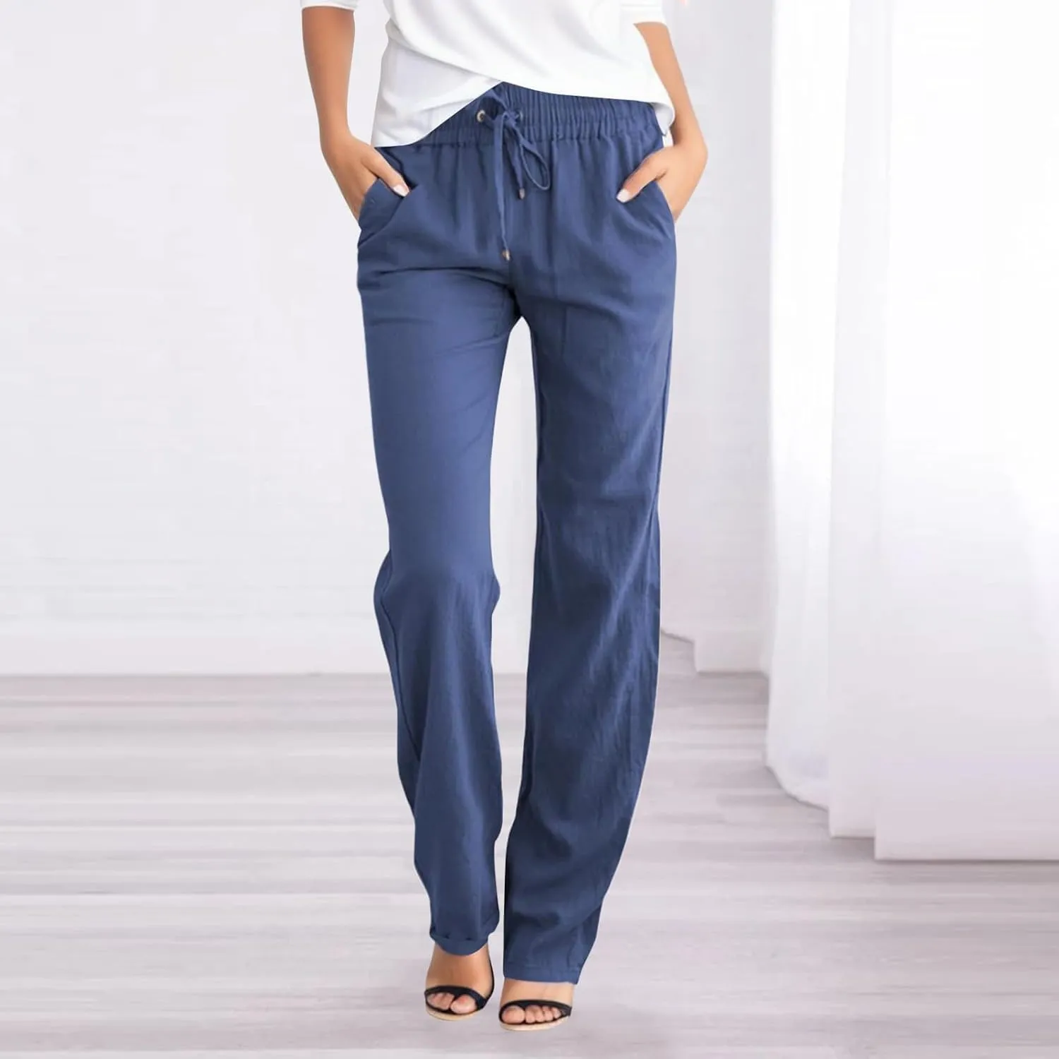 Women's Linen Summer Y2K Streetwear Pants Elastic Waisted Wide Leg Loose Fit Palazzo Pants Office