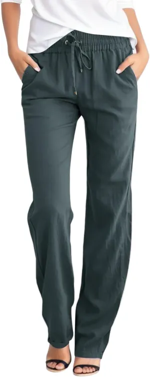 Women's Linen Summer Y2K Streetwear Pants Elastic Waisted Wide Leg Loose Fit Palazzo Pants Office