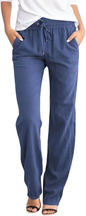 Women's Linen Summer Y2K Streetwear Pants Elastic Waisted Wide Leg Loose Fit Palazzo Pants Office