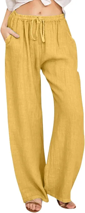 Women's Linen Summer Y2K Streetwear Pants Low Waist Wide Leg Plus Size Palazzo Lounge Pants Beach