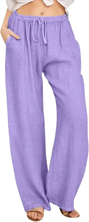 Women's Linen Summer Y2K Streetwear Pants Low Waist Wide Leg Plus Size Palazzo Lounge Pants Beach