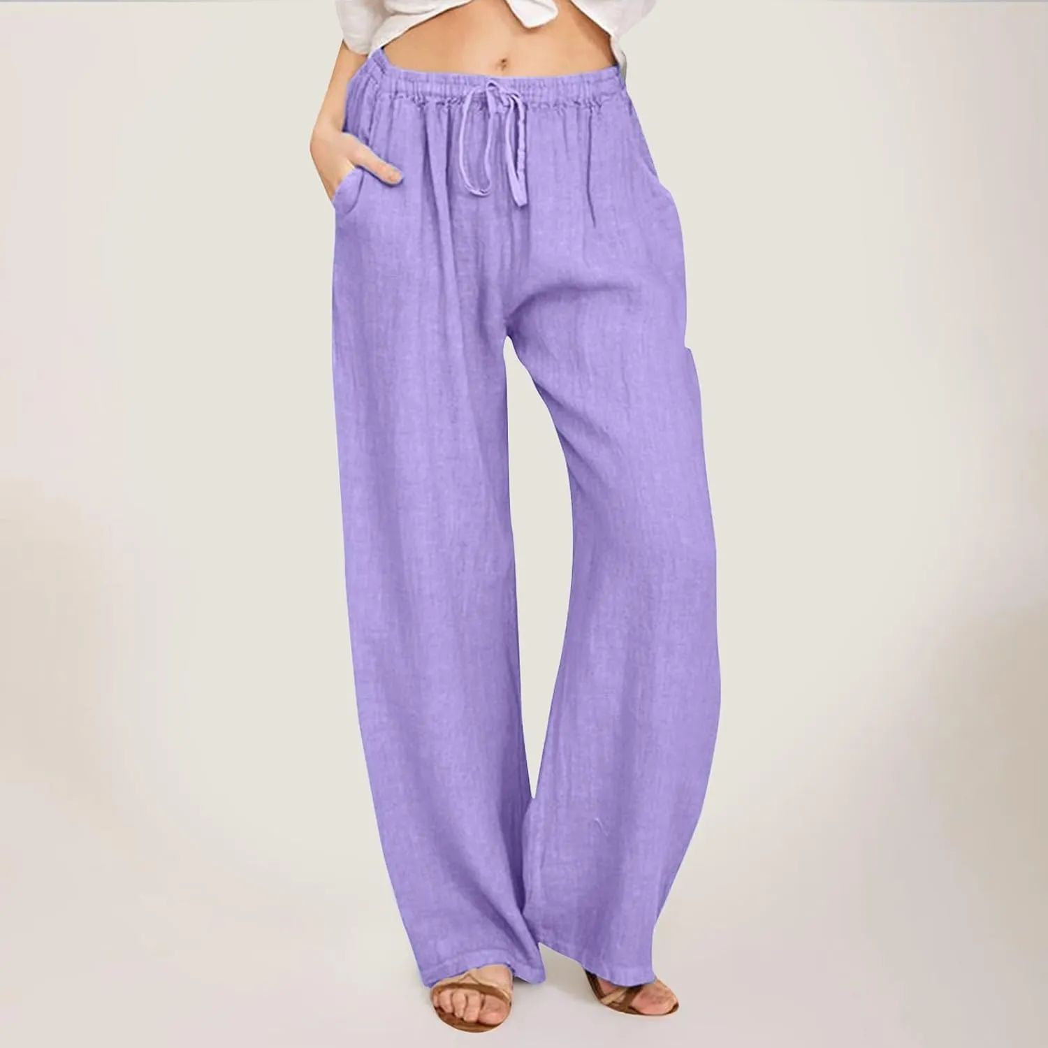 Women's Linen Summer Y2K Streetwear Pants Low Waist Wide Leg Plus Size Palazzo Lounge Pants Beach