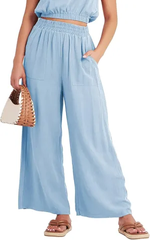 Women's Linen Wide Leg Baggy Pants 2024 Summer Casual Elastic Waisted Drawstring Beach Palazzo Harem Pants Trousers
