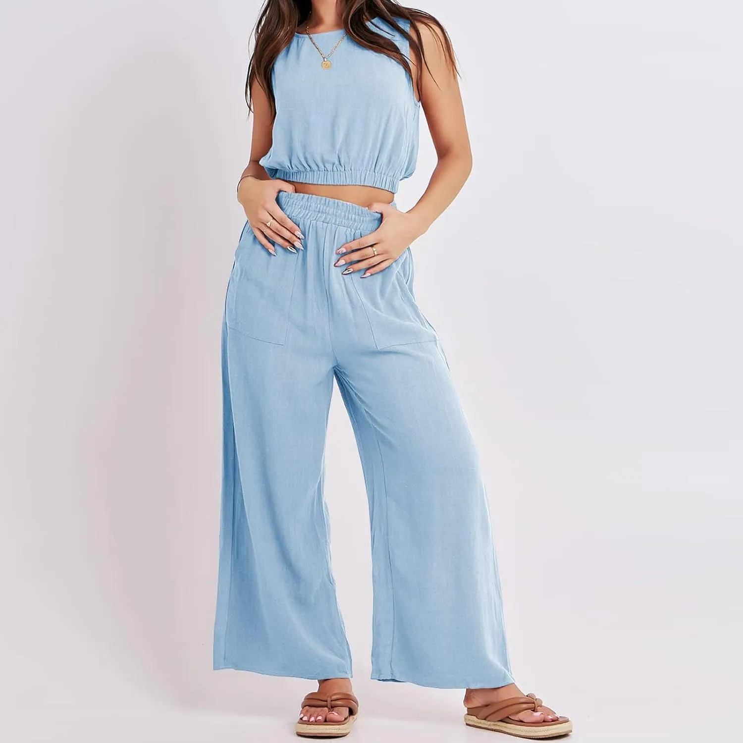 Women's Linen Wide Leg Baggy Pants 2024 Summer Casual Elastic Waisted Drawstring Beach Palazzo Harem Pants Trousers