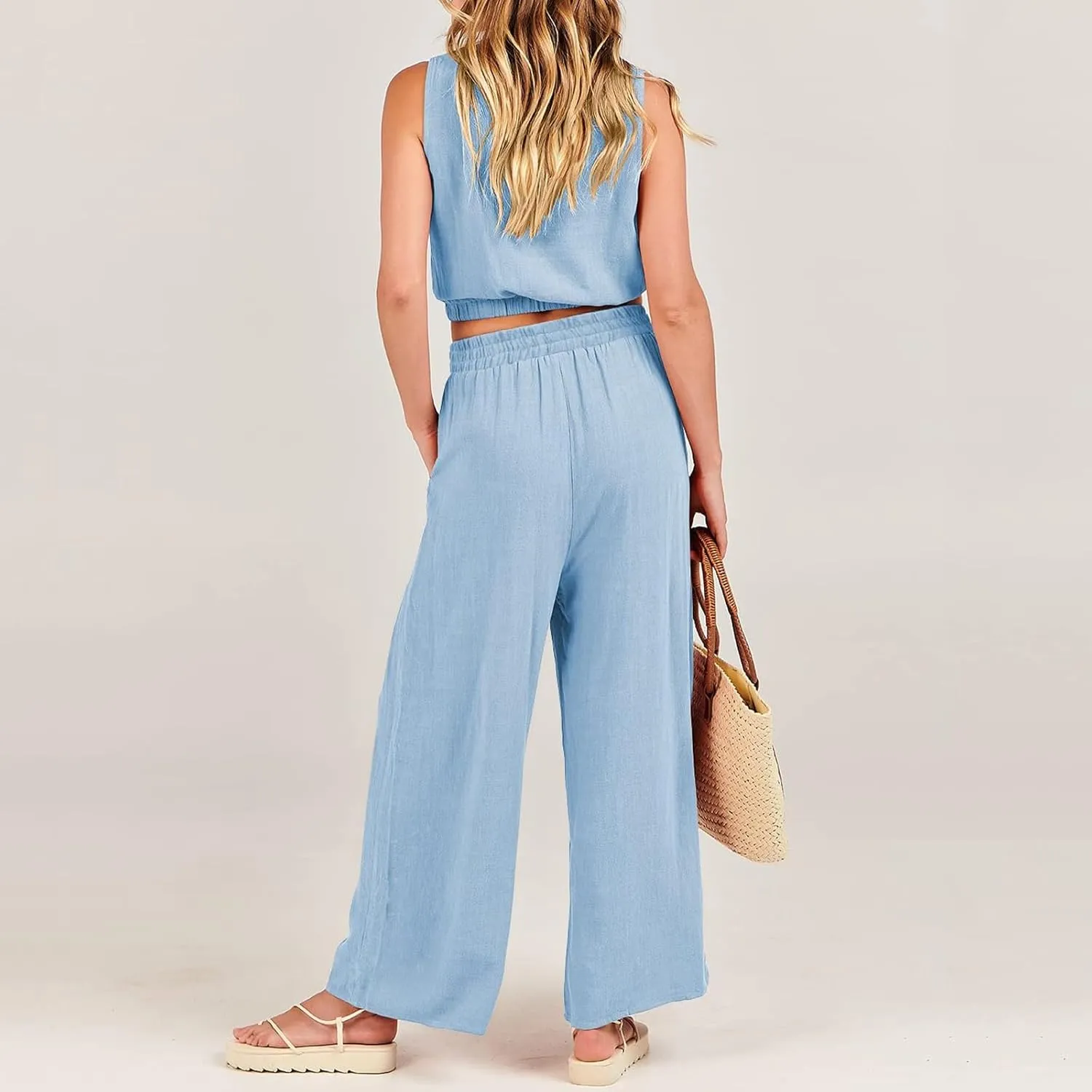 Women's Linen Wide Leg Baggy Pants 2024 Summer Casual Elastic Waisted Drawstring Beach Palazzo Harem Pants Trousers