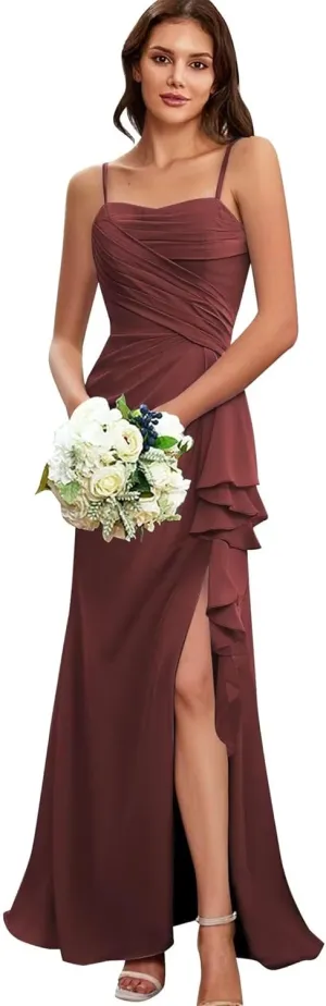Women's Long Bridesmaid Dresses 2025 with Slit Spaghetti Straps Formal Party Gowns A Line Formal Dress