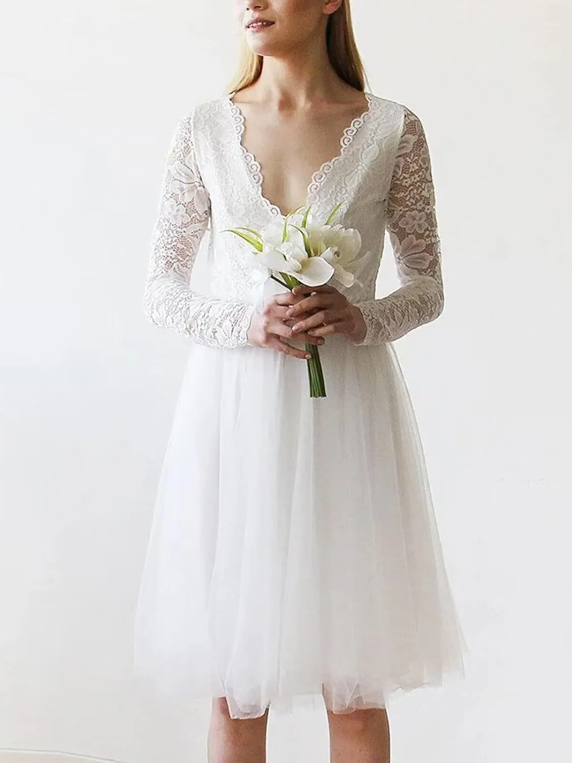 Women's Long Sleeves Lace Wedding Dresses for Bride Tea Length Tulle Satin A Line Formal Bridal Dress for Bride