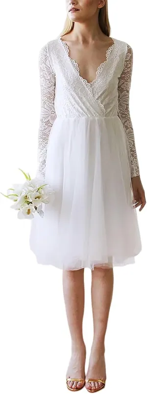Women's Long Sleeves Lace Wedding Dresses for Bride Tea Length Tulle Satin A Line Formal Bridal Dress for Bride