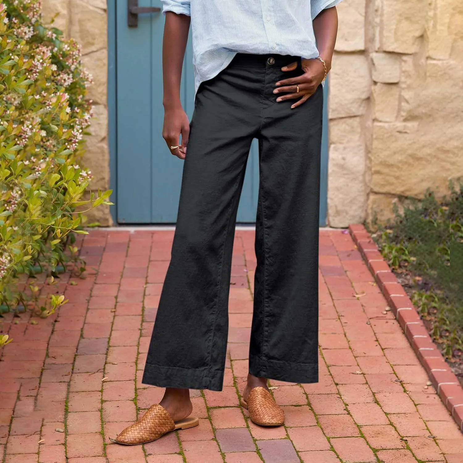 Womens Pants, Peasant Pants Casual Linen Plaid Straight Leg Side Button Drawstring