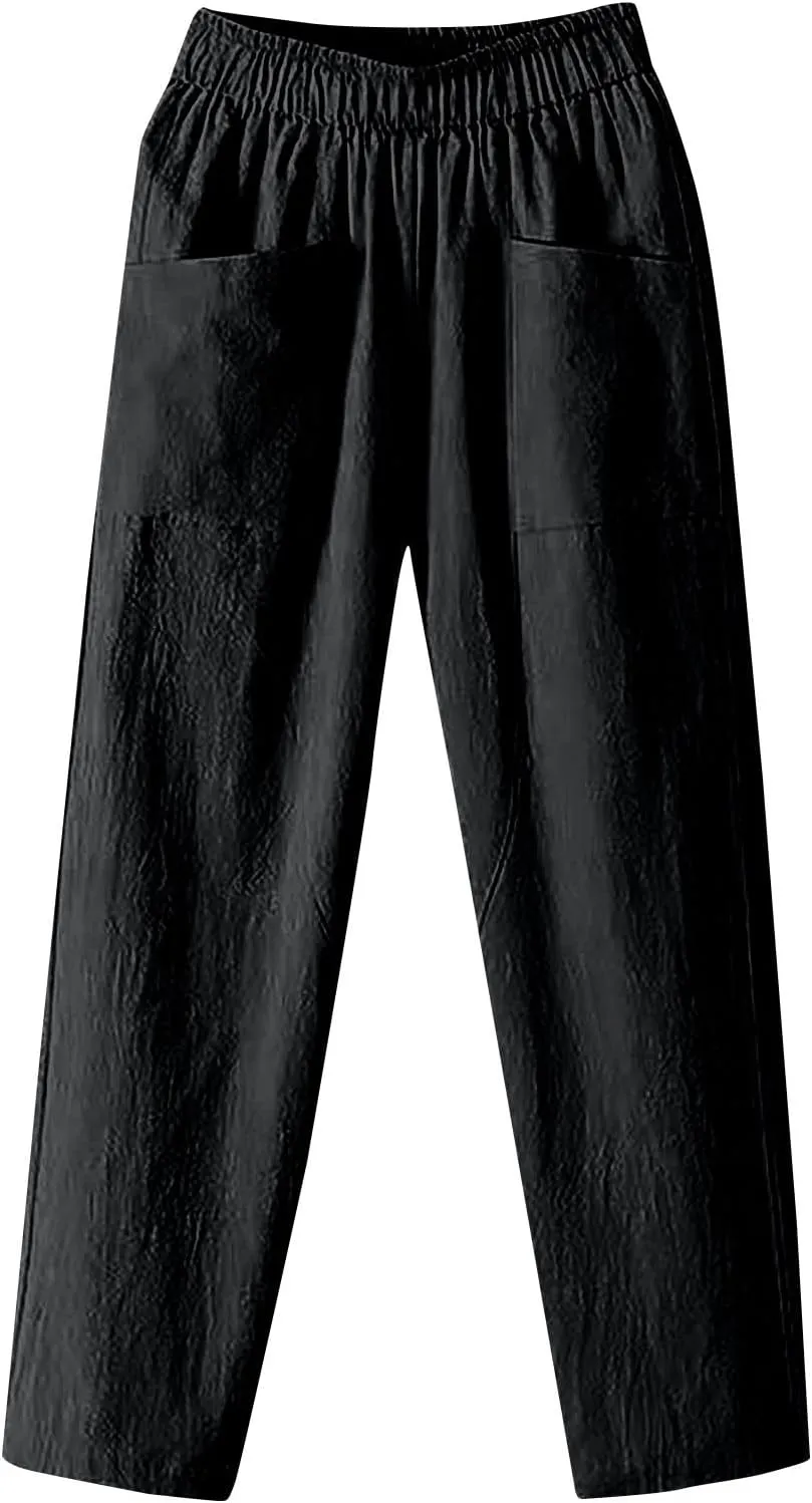 Womens Pants, Straight Leg Casual Pants Trendy Peasant Linen Baggy Stripe Lounge