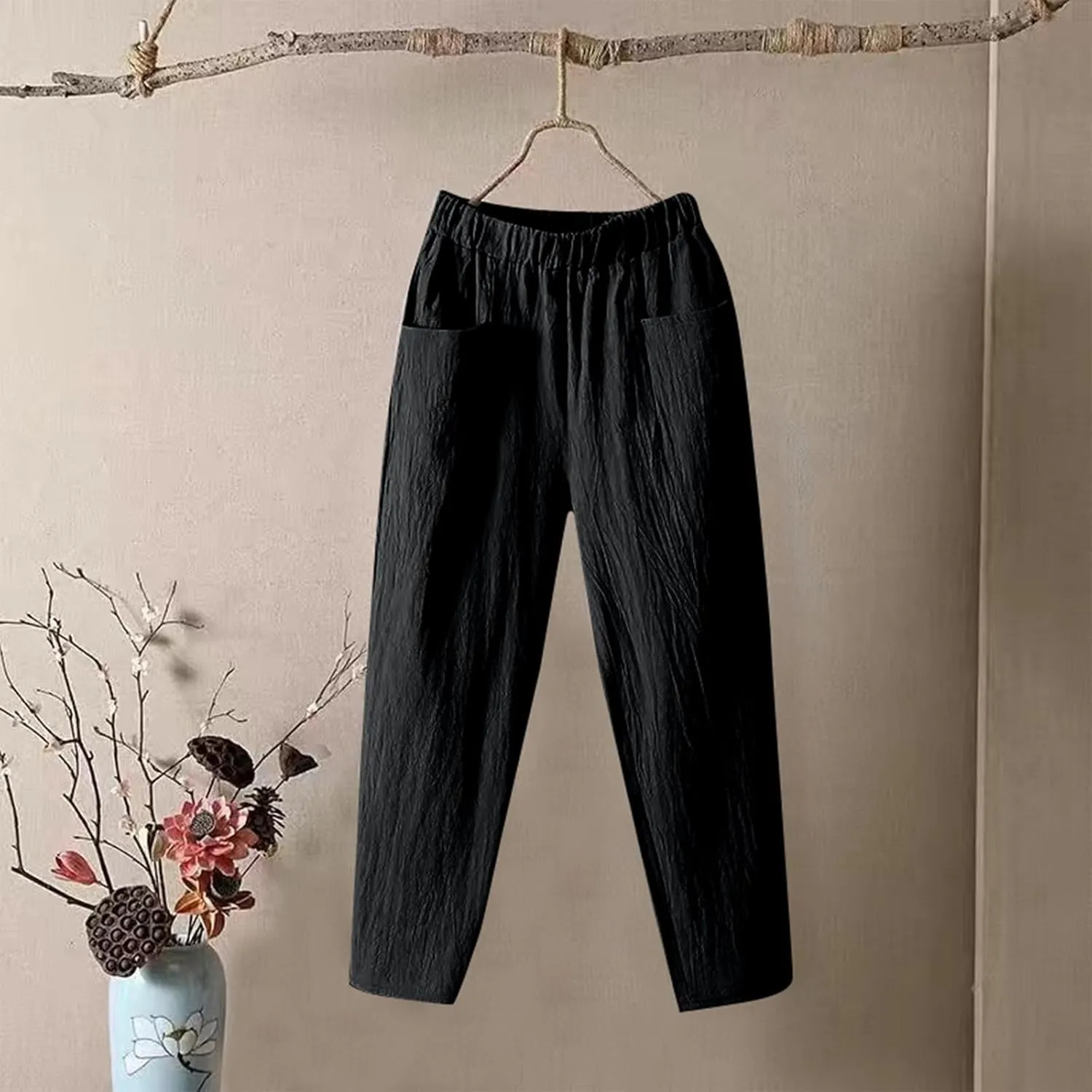 Womens Pants, Straight Leg Casual Pants Trendy Peasant Linen Baggy Stripe Lounge
